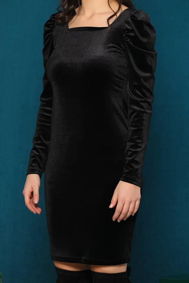 Kare Yaka Prenses Kol Kadife Kadın Elbise Siyah