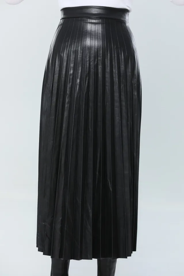 Kadın Lıkralı Piliseli Uzun Deri Etek Siyah