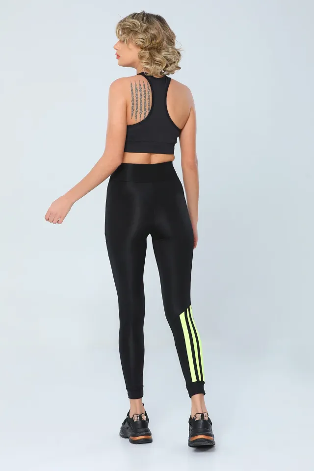 Kadın Lıkralı Yüksek Bel Sporcu Tayt Siyah Neon Sarı