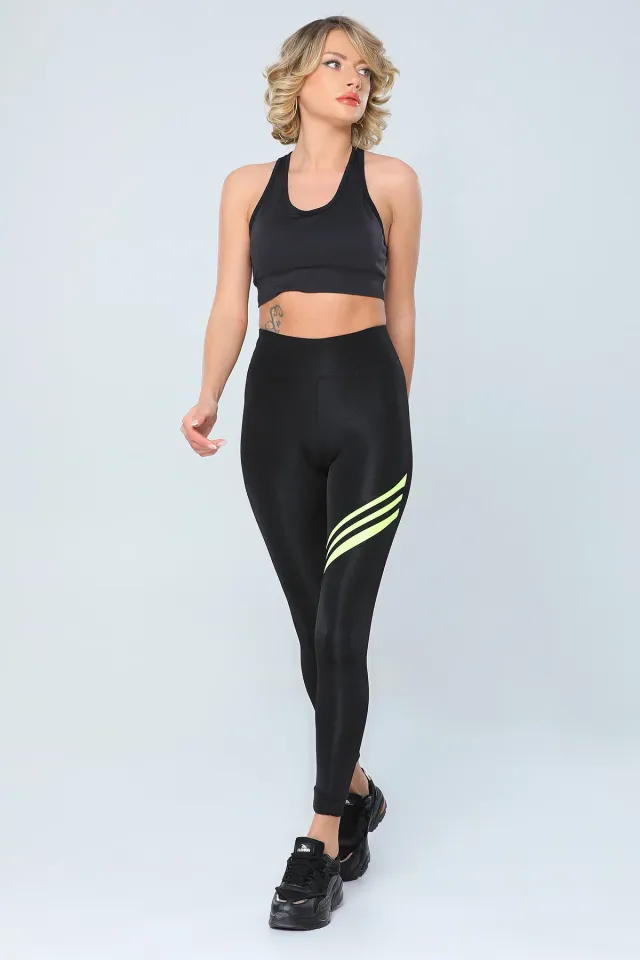 Kadın Lıkralı Yüksek Bel Sporcu Tayt Siyah Neon Sarı