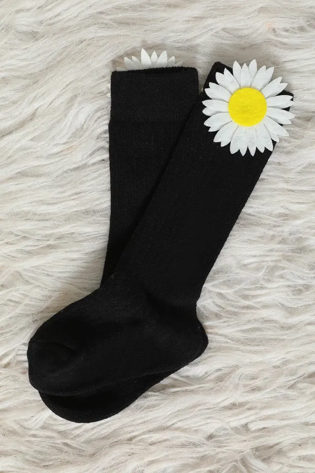 Kız Çocuk Papatyalı Dizaltı Çorap Siyah