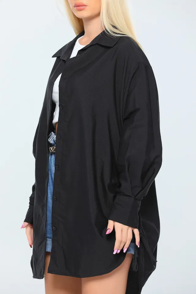 Kadın Oversize Poplin Kumaş Yanı Büzgülü Uzun Basic Gömlek Siyah