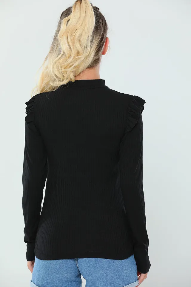 Kadın Likralı Kol Fırfırlı Fitilli Body Bluz Siyah