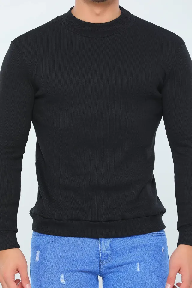 Erkek Likralı Yarım Balıkçı Body Sweatshirt Siyah