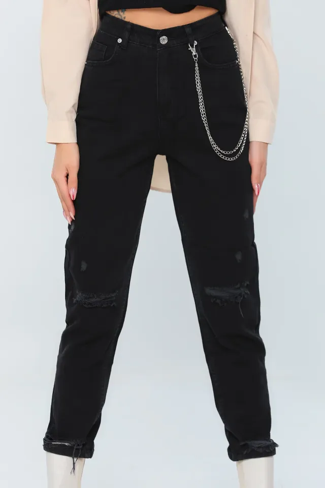 Kadın Yüksek Bel Zincir Detaylı Jean Pantolon Siyah