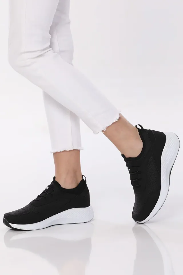 Kadın Lastik Bağcıklı Micro Fiber Günlük Spor Ayakkabı Siyahbeyaz