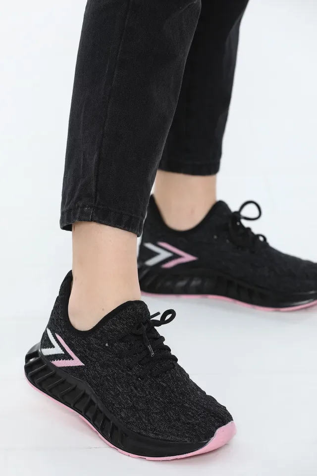 Kadın Bağcıklı Lafonten Triko Mevsimlik Günlük Spor Ayakkabı Siyahpembe