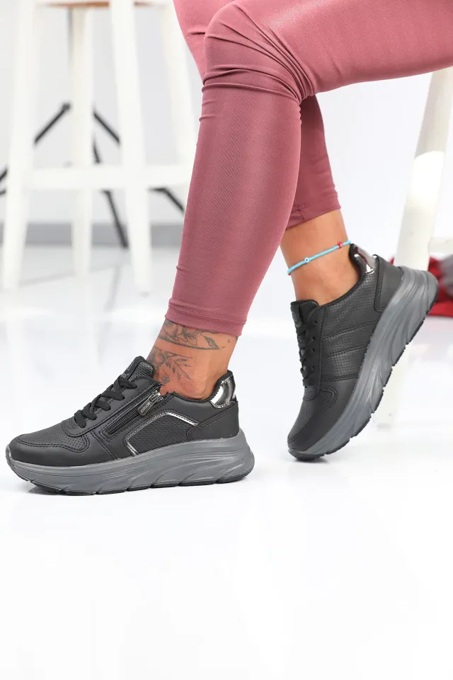 Kadın Bağcıklı Fermuarlı Yüksek Taban Spor Ayakkabı Siyahplatin
