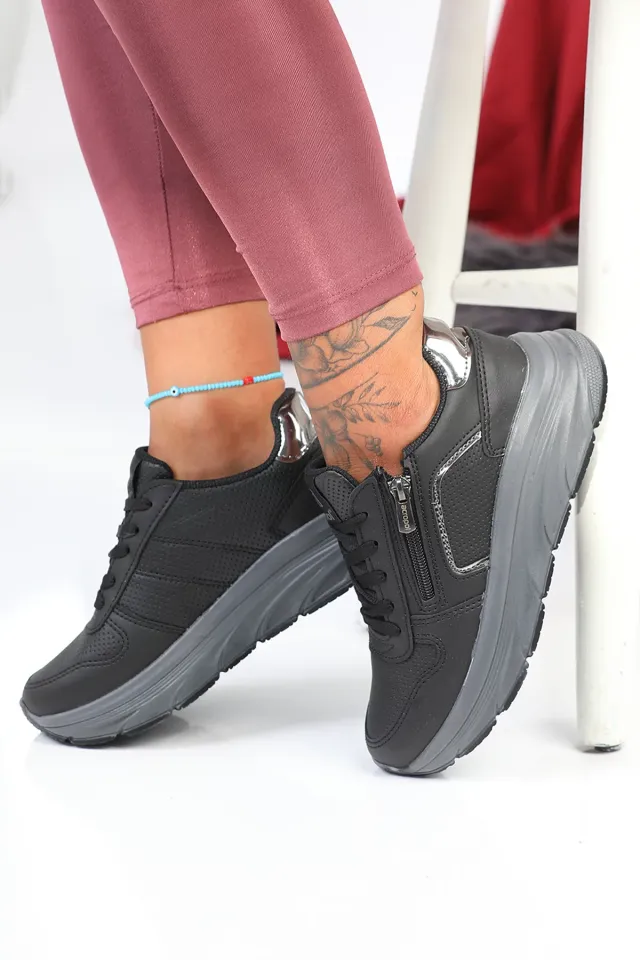 Kadın Bağcıklı Fermuarlı Yüksek Taban Spor Ayakkabı Siyahplatin