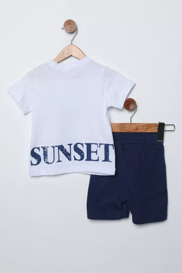 Sunset Baskılı Tişört Şort Erkek Çocuk İkli Takım Beyaz