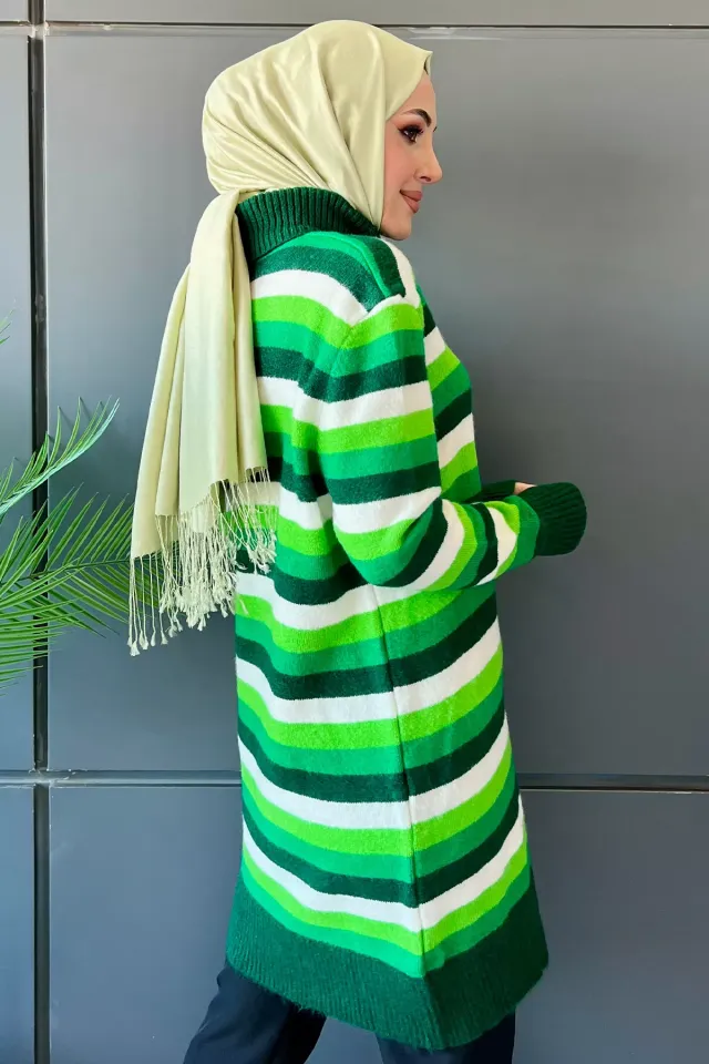 Tam Balıkçı Yaka Çizgi Desenli Renk Bloklu Kadın Tesettür Triko Tunik Yeşil