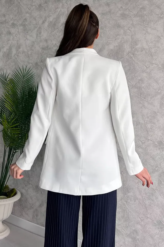 Taş Detaylı Astarlı Sahte Cepli Kadın Blazer Ceket Krem