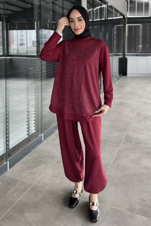 Taş İşlemeli Bisiklet Yaka Tunik Pantolon Tesettür İkili Takım Bordo