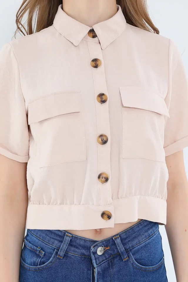 Kadın Kısa Kollu Yazlık Ayrobin Crop Gömlek Ceket Taş