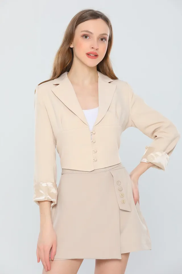 Kadın Kruvaze Yaka İç Astarlı Crop Blazer Ceket Taş
