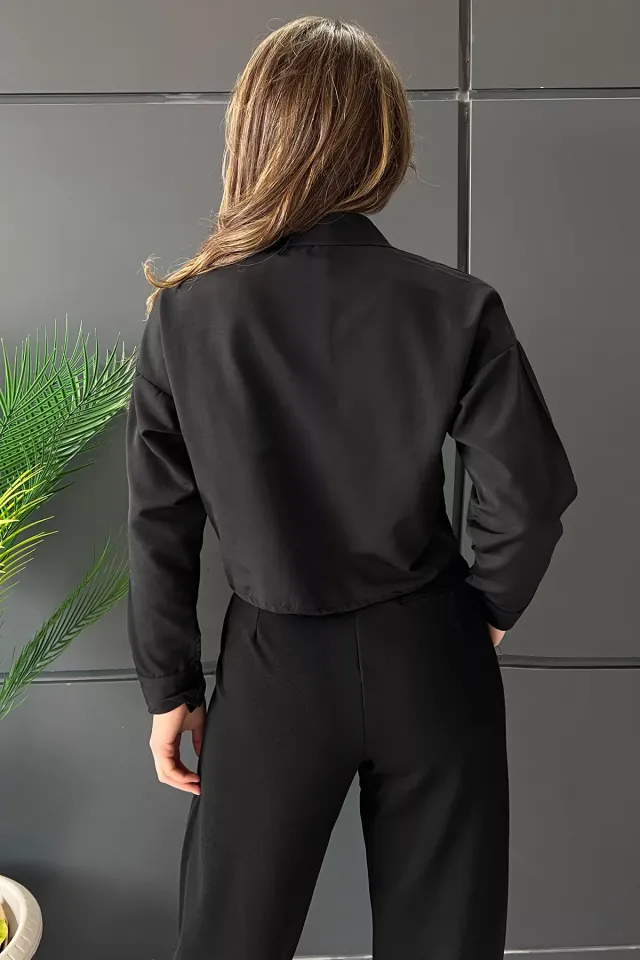 Tek Cepli Etiket Detaylı Kadın Crop Tops Gömlek Siyah