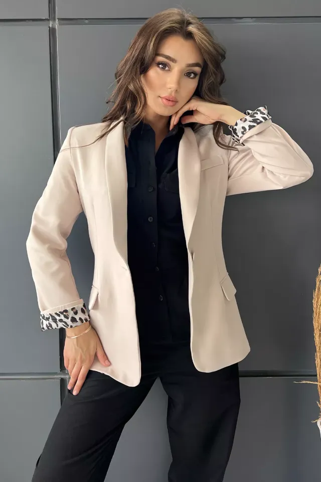 Tek Düğmeli Astar Desenli Kadın Cepli Blazer Ceket Taş