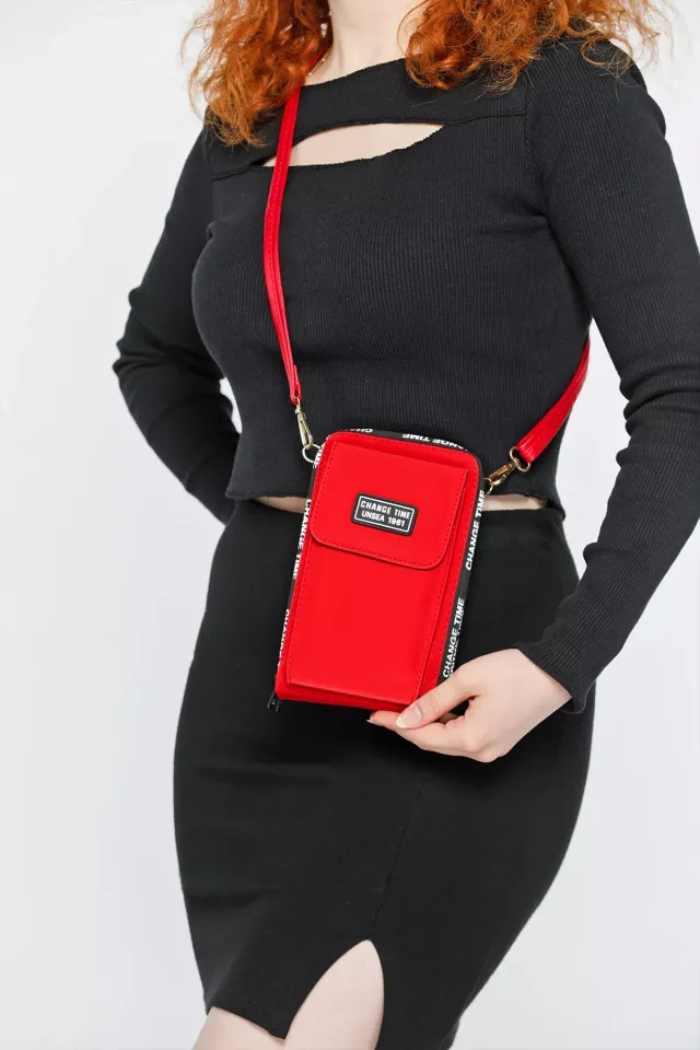 Telefon Bölmeli Fermuar Yazı Baskılı Kadın Cüzdan Çanta Kırmızı