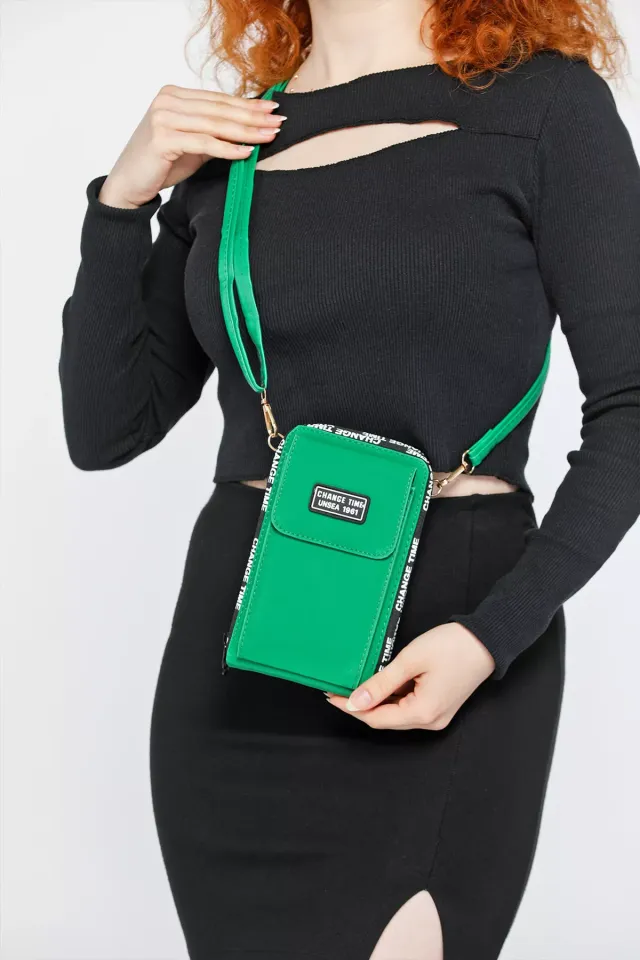 Telefon Bölmeli Fermuar Yazı Baskılı Kadın Cüzdan Çanta Yeşil