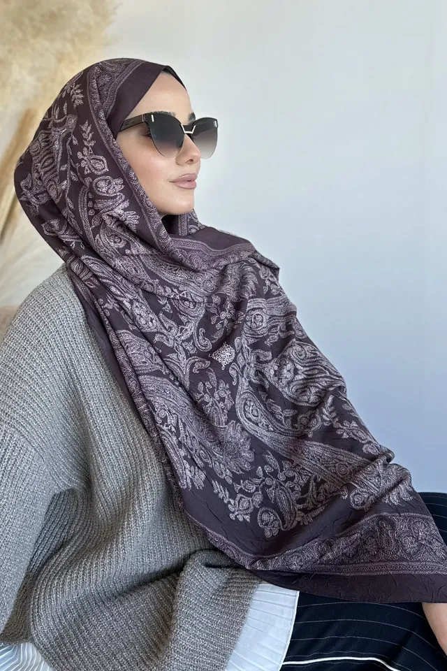 Tesettür Desenli Şehr-i Şal Koyu Kahve