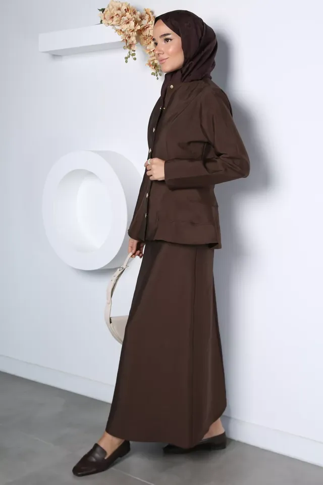 Trend Stil Ön Çıtçıtlı Ceket Bel Lastikli Etek Tesettür İkili Takım Kahve