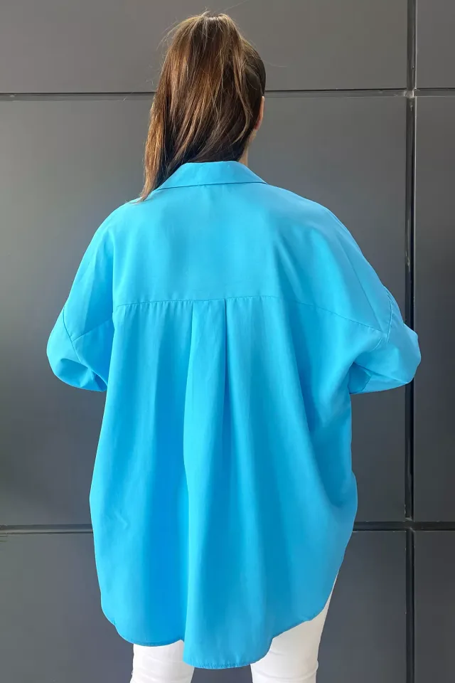 Uzun Kol Kadın Oversize Tarz Gömlek Mavi