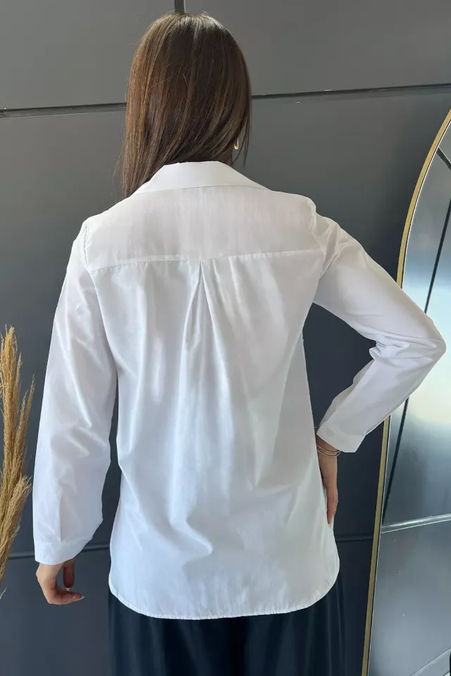 Uzun Kol Sahte Cepli Kadın Gömlek Beyaz