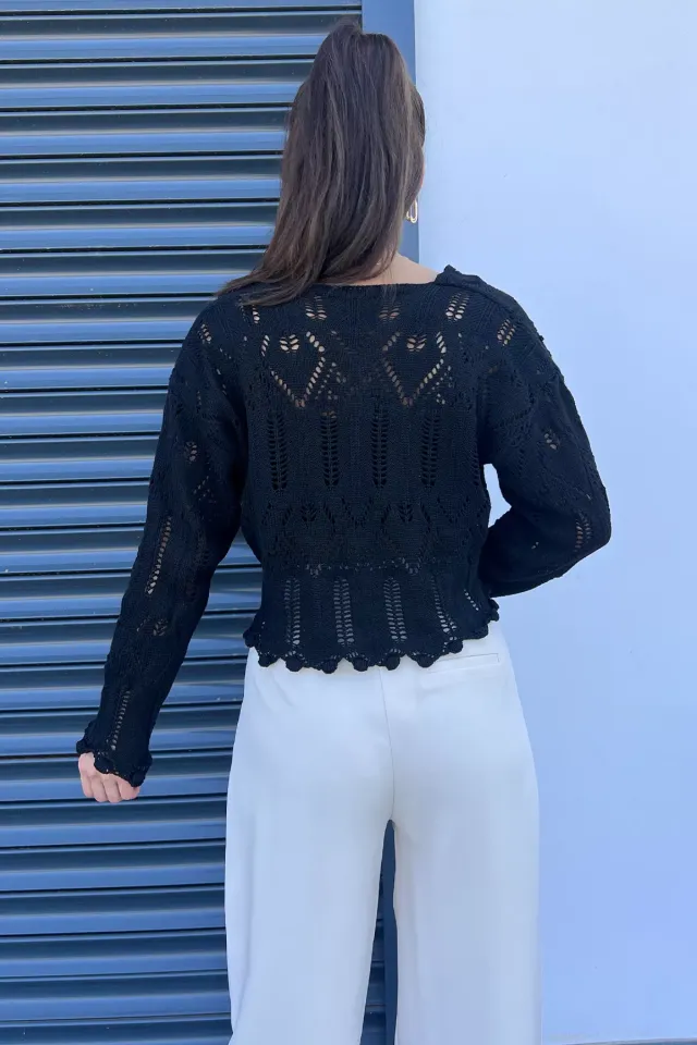 V Yaka Ajurlu Kadın Crop Top Bluz Siyah