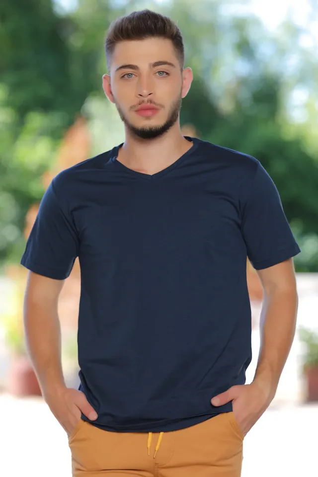 Erkek Likralı V Yaka Basic T-shirt Açıklacivert