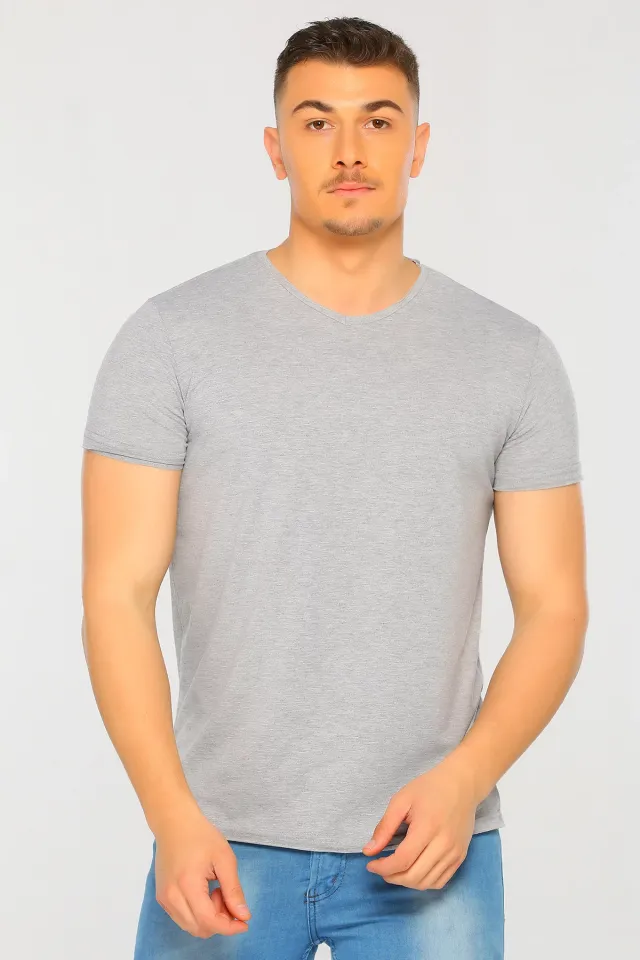 Erkek Likralı V Yaka Regular Fit Basic T-shirt Gri