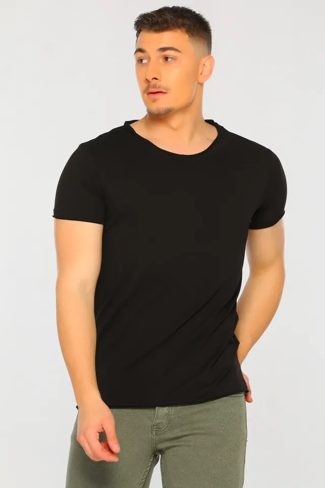 Erkek Likralı V Yaka Regular Fit Basic T-shirt Siyah