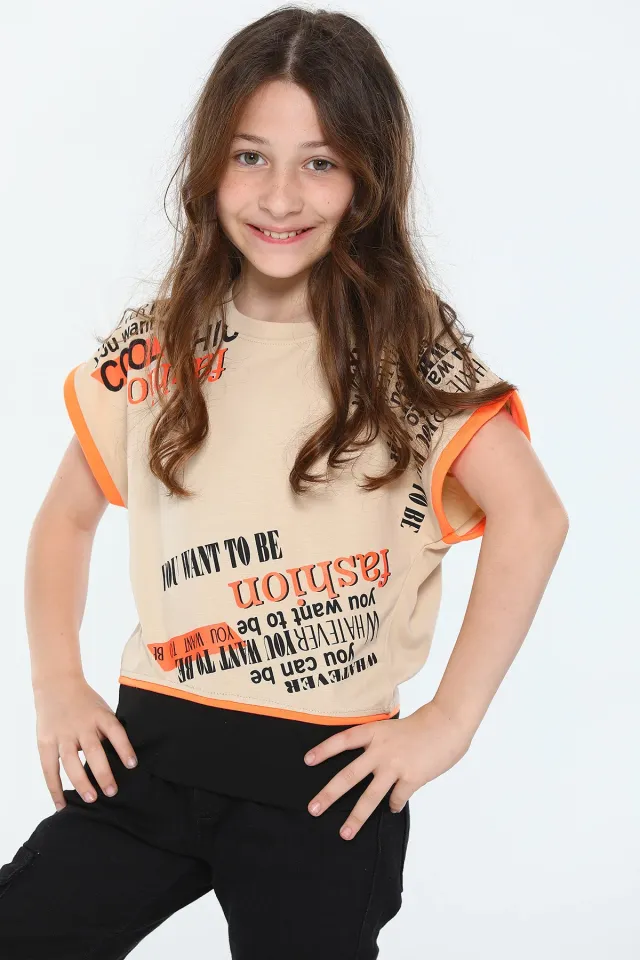 Kız Çocuk Likralı Bisiklet Yaka Kol Detaylı Baskılı T-shirt Vizon