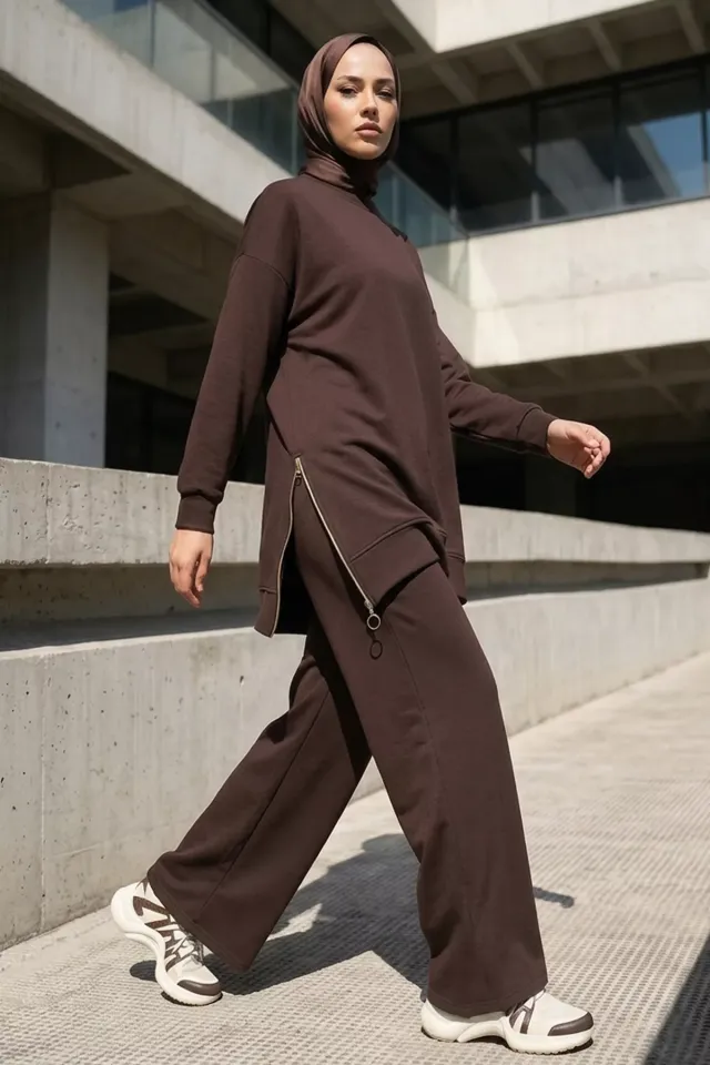 Yan Fermuarlı Tunik Pantolon Tesettür İkili Takım Kahve
