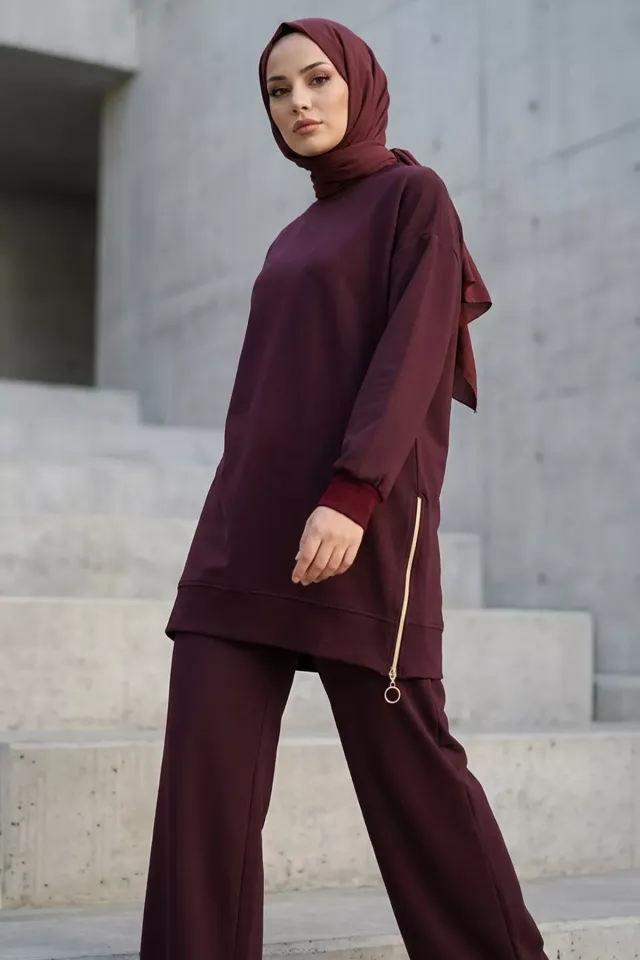 Yan Fermuarlı Tunik Pantolon Tesettür İkili Takım Mürdüm