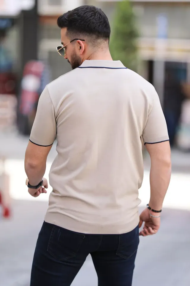 Yarım Fermuarlı Polo Yaka Renk Garnili Erkek Likralı Tişört Bej