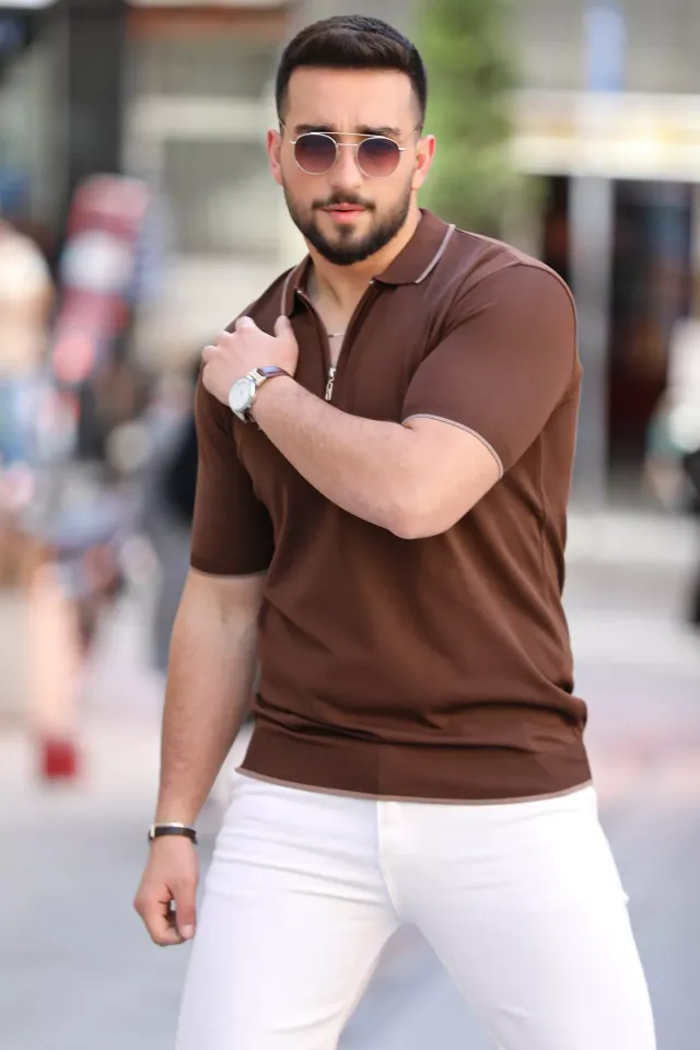 Yarım Fermuarlı Polo Yaka Renk Garnili Erkek Likralı Tişört Kahve