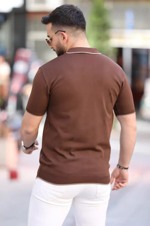 Yarım Fermuarlı Polo Yaka Renk Garnili Erkek Likralı Tişört Kahve
