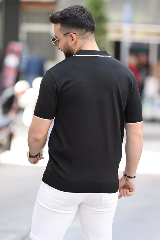 Yarım Fermuarlı Polo Yaka Renk Garnili Erkek Likralı Tişört Siyah