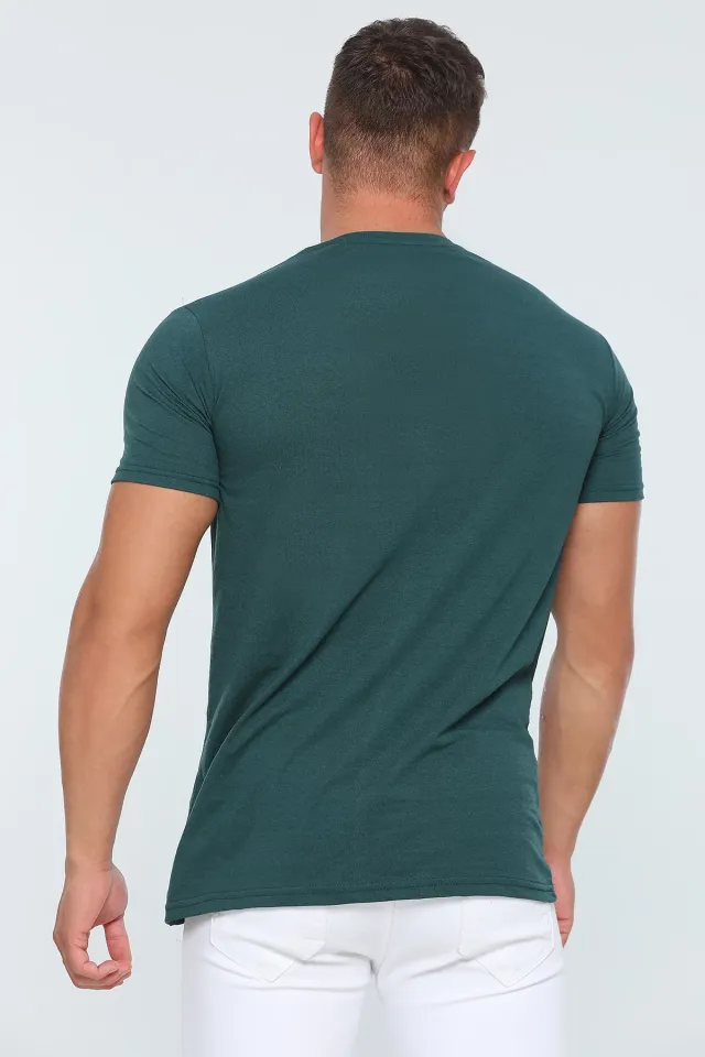 Erkek Likralı V Yaka Slim Fit Baskılı T-shirt Yeşil