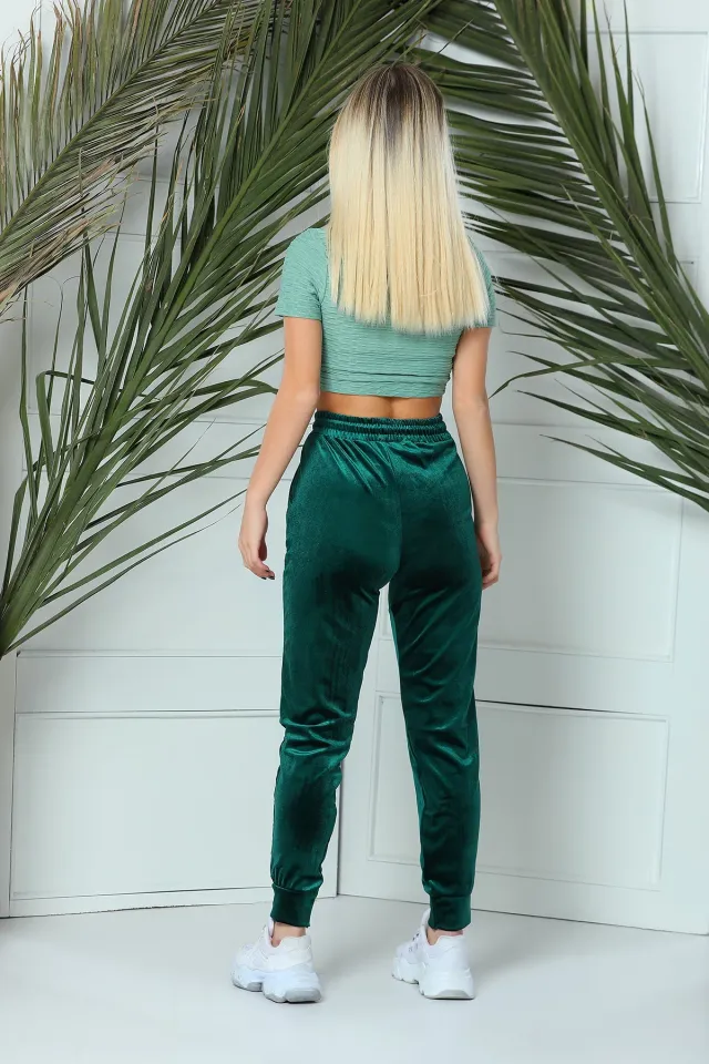 Kadın Lıkralı Bel Lastıklı Kadife Pantolon Yeşil