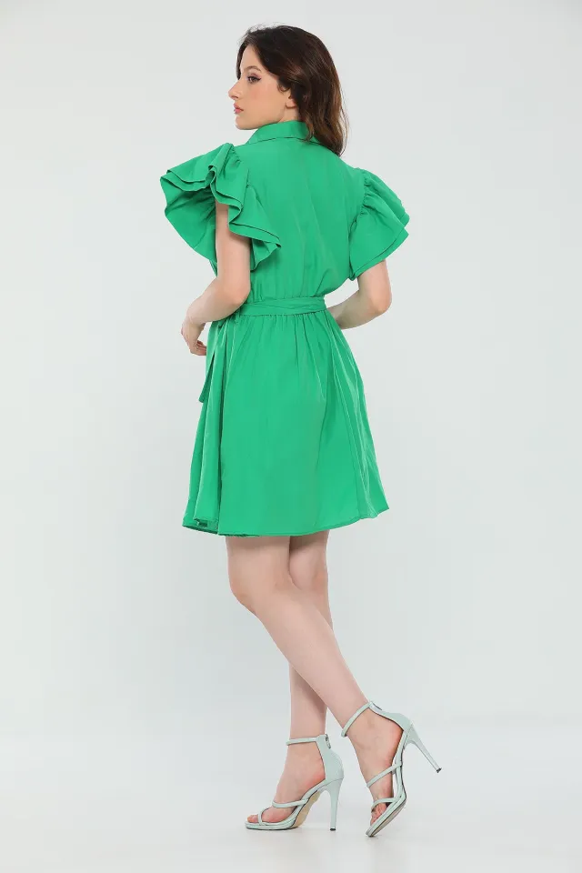 Kadın Gömlek Yaka Kol Volanlı Yazlık Mini Elbise Yeşil