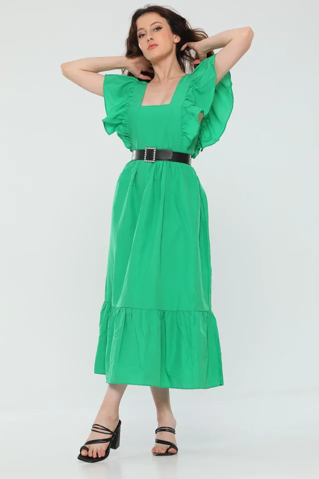 Kadın Kare Yaka Kol Fırfırlı Midi Boy Yazlık Elbise Yeşil