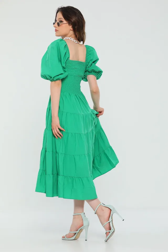 Kadın Kare Yaka Prenses Kol Gipeli Yazlık Midi Boy Elbise Yeşil