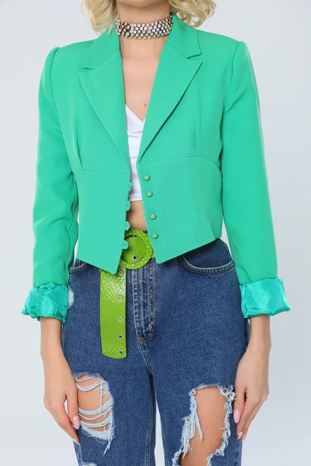 Kadın Kruvaze Yaka İç Astarlı Crop Blazer Ceket Yeşil