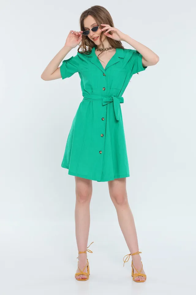 Kadın Kruvaze Yaka Kısa Kollu Salaş Mini Elbise Yeşil
