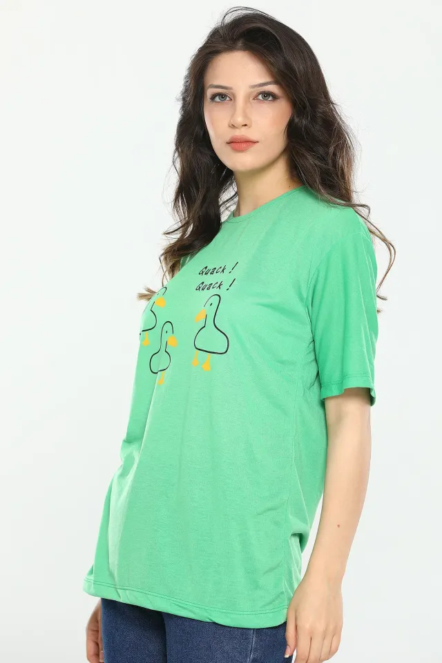 Kadın Likralı Bisiklet Yaka Baskılı T-shirt Yeşil
