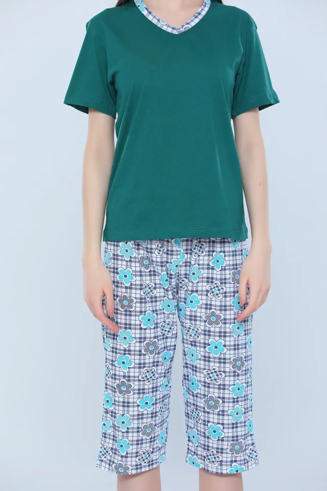 Kadın Likralı V Yaka Desenli Kısa Kollu Kaprili Pijama Takımı Yeşil