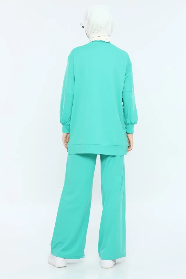 Kadın Modest Likralı Kol Detaylı Tunik Bol Paça Pantolon Tesettür İkili Takım Yeşil