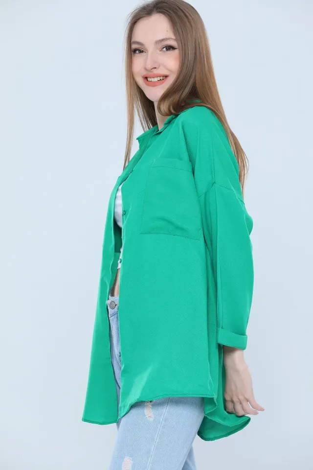 Kadın Oversize Kapri Kol Çift Cepli Gömlek Yeşil