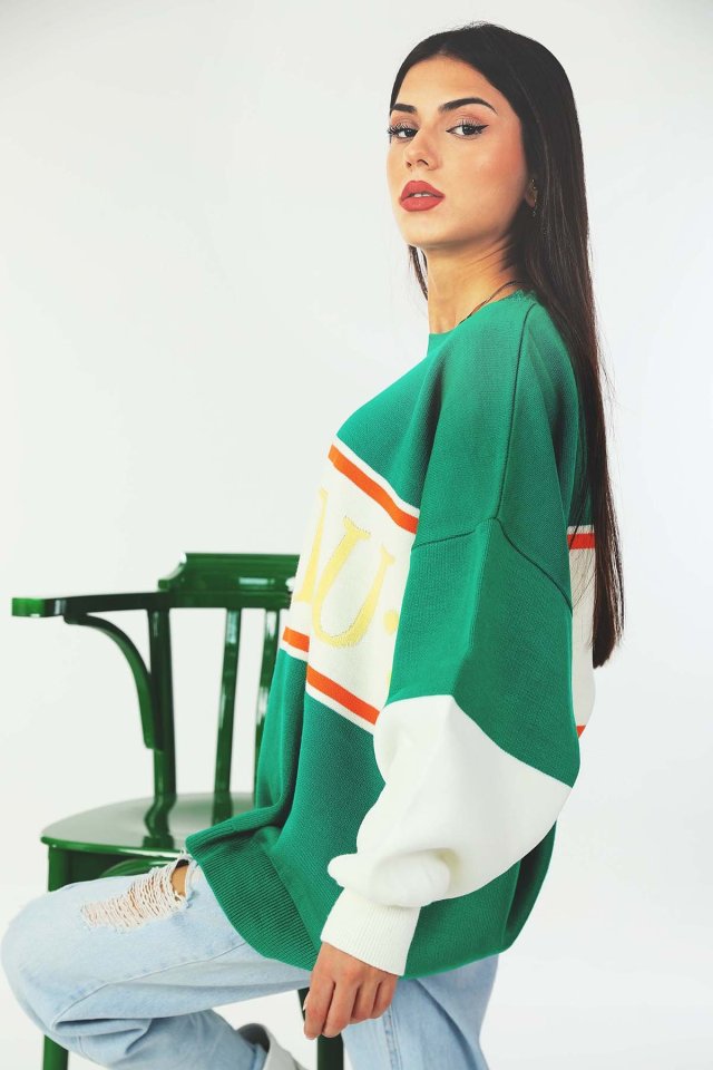 Kadın Oversize Yazılı Renk Bloklu Triko Kazak Yeşil